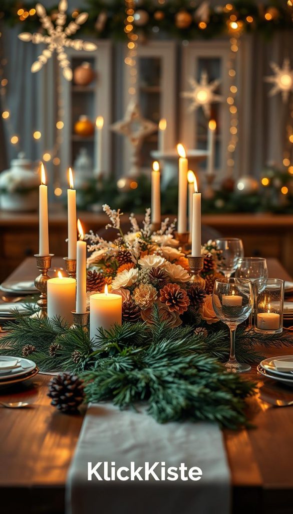 A beautifully arranged tablescape centerpiece for a New Year's Eve party, featuring a wooden table adorned with a lush, green runner. In the foreground, a stunning array of candles of varying heights, surrounded by pinecones and delicate fairy lights, create a warm glow. In the middle, elegantly arranged seasonal flowers in gold and white hues, alongside sparkling glassware and fine china, enhance the festive atmosphere. The background showcases softly blurred winter-themed decorations, like twinkling stars and snowflakes, evoking a cozy ambiance. The lighting is soft and inviting, reminiscent of a Pinterest-perfect winter soirée. The overall mood is warm, elegant, and inspiring, perfect for a celebration. The brand name "KlickKiste" subtly incorporated into the design.