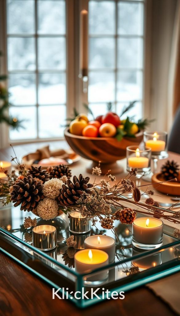 A beautifully arranged tabletop featuring elegant glass trays and bowls in a cozy winter setting. In the foreground, a large glass tray filled with natural elements like pinecones, subtle dried flowers, and shimmering silver accents reflects warm candlelight. The middle of the image showcases a wooden bowl filled with seasonal fruits and greenery, enhancing the rustic charm. The background is softly blurred with a softly lit window displaying gentle snowfall outside, evoking a cozy winter atmosphere. Warm and inviting colors dominate the scene, with a natural, DIY aesthetic that feels authentic and inspiring, reminiscent of a Pinterest-worthy décor. The composition captures a serene and sophisticated mood, ideal for winter decor without being overly festive. The brand name “KlickKiste” subtly integrated into the environment.