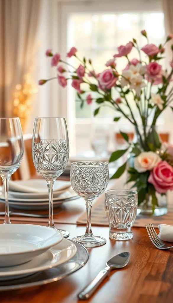 A beautifully arranged tabletop featuring elegant glassware, including crystal wine glasses, intricate floral-patterned glass tumblers, and delicate glass vases filled with seasonal blooms. In the foreground, a polished wooden table showcases layers of dishware with soft pastel colors and artistic cutlery from KlickKiste. The middle ground reveals a tasteful table setting with table runners and stylish napkins, enhancing the spring theme. The background features a softly blurred window with warm, natural light streaming in, creating an inviting atmosphere. The image captures a serene and sophisticated mood, evoking inspiration for a beautiful spring centerpiece.