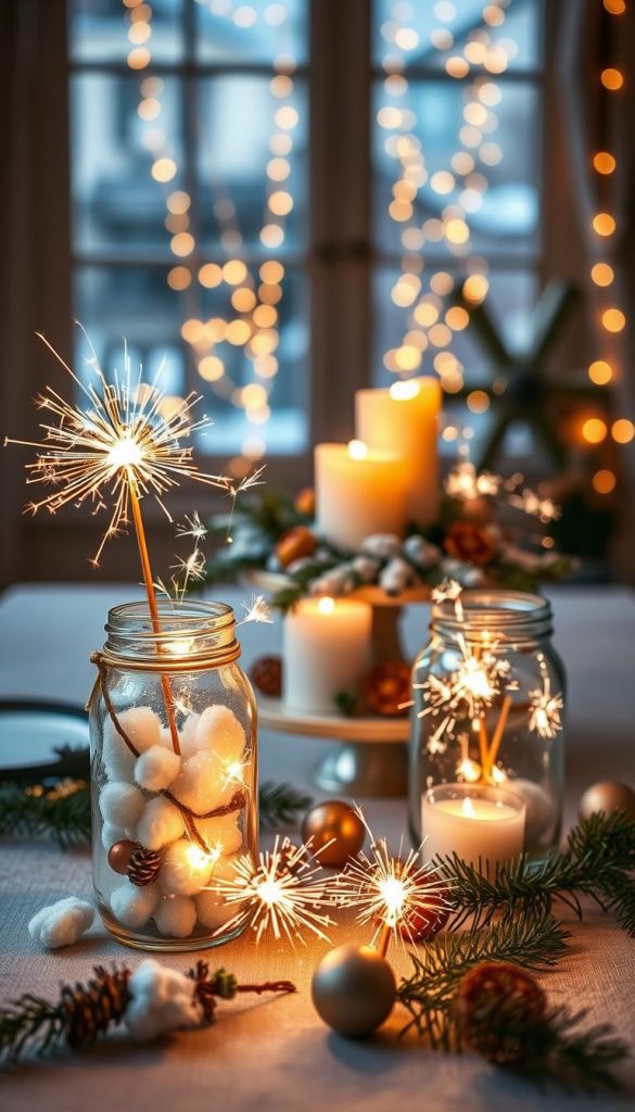 A beautifully arranged tabletop scene featuring &quot;wunderkerzen&quot; sparklers, radiating warm, golden light against a cozy winter backdrop. In the foreground, the sparklers are artfully placed in elegant mason jars filled with snow-like faux cotton and pine branches, giving a festive DIY charm. The middle ground showcases a softly glowing candle arrangement with surrounding festive decorations, including small ornaments and dried citrus slices, evoking a winter wonderland vibe. The background features a softly blurred window with twinkling fairy lights, enhancing the warm ambiance. The overall mood is inviting and celebratory, perfect for welcoming the New Year. Natural lighting illuminates the scene, creating a Pinterest-worthy aesthetic. Designed for &quot;KlickKiste,&quot; the image captures authentic, inspiring DIY holiday spirit.