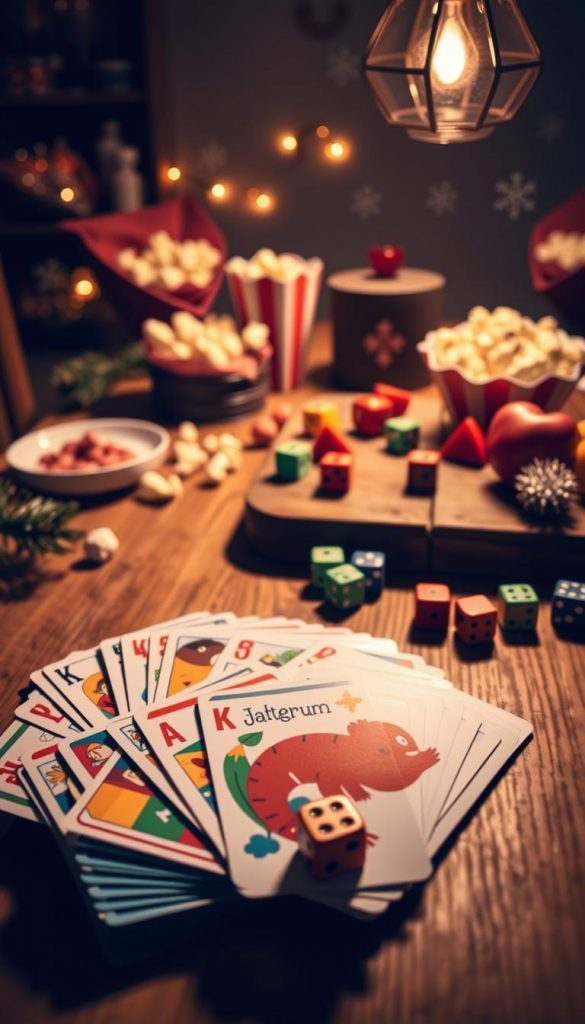 A beautifully arranged tabletop showcasing a vibrant "Karten- & Würfel Set" for a family game night. In the foreground, a colorful assortment of playing cards with whimsical illustrations fanned out beside a set of six-sided dice, some showing vibrant colors and patterns, inviting playful fun. The middle ground features a cozy, ambient setup with warm lighting casting soft shadows, creating a welcoming atmosphere. A rustic wooden table is adorned with a few game pieces and snacks like popcorn and fruit, enhancing the family-friendly vibe. In the background, soft winter-themed decor such as snowflakes and pine branches adds a seasonal touch. The overall mood is cheerful, nostalgic, and inviting, perfect for an engaging evening with loved ones, capturing the essence of the "KlickKiste" brand. A beautifully arranged tabletop showcasing a vibrant "Karten- & Würfel Set" for a family game night. In the foreground, a colorful assortment of playing cards with whimsical illustrations fanned out beside a set of six-sided dice, some showing vibrant colors and patterns, inviting playful fun. The middle ground features a cozy, ambient setup with warm lighting casting soft shadows, creating a welcoming atmosphere. A rustic wooden table is adorned with a few game pieces and snacks like popcorn and fruit, enhancing the family-friendly vibe. In the background, soft winter-themed decor such as snowflakes and pine branches adds a seasonal touch. The overall mood is cheerful, nostalgic, and inviting, perfect for an engaging evening with loved ones, capturing the essence of the "KlickKiste" brand.