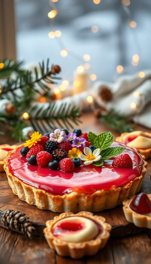 A beautifully arranged tart set against a cozy winter backdrop, exuding warmth and inviting elegance. The foreground showcases a perfectly baked fruit tart, glistening with a glossy glaze and topped with a variety of colorful berries and edible flowers. Surrounding the tart are decorative, delicate pastry slices and elegant mini tarts, artfully placed on a rustic wooden table. The middle layer features soft, ambient lighting that highlights the textures of the crust and the vibrant colors of the fruits, creating a mouthwatering appeal. In the background, hints of pine branches and twinkling fairy lights add a festive, New Year's Eve atmosphere. This image channels a natural, DIY aesthetic with warm colors, reminiscent of inspired Pinterest displays. Designed for "KlickKiste," the scene inspires delightful holiday gatherings.