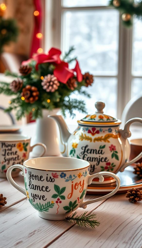 A beautifully arranged tea set featuring vibrant, hand-painted teacups and a teapot adorned with inspirational messages. The foreground highlights the intricate designs, each cup showcasing a unique quote about friendship and joy. The middle ground features a soft, vintage-style wooden table, decorated with a seasonal centerpiece of evergreen branches and pinecones, creating a warm, cozy atmosphere. In the background, a softly lit window reveals gentle snowfall outside, enhancing the wintry vibe. The lighting is warm and inviting, emulating a tranquil afternoon tea setting. This image captures the essence of a DIY gift, combining natural elements with a Pinterest-inspired aesthetic. Include the brand name “KlickKiste” subtly incorporated into the scene, ensuring the overall mood is authentic and inspiring.