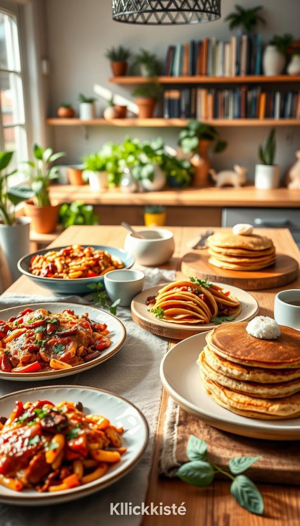 A beautifully arranged themed brunch table showcasing a blend of Italian, Mexican, and American cuisines. In the foreground, highlight vibrant dishes like a rich lasagna, colorful tacos, and fluffy pancakes, artfully garnished with fresh herbs and fruits. Use elegant ceramic plates and rustic wooden serving boards to enhance the charm. In the middle, a styled table setting with warm, inviting lighting creates a cozy atmosphere, featuring neutral linens and handcrafted decor. The background should include a softly blurred, sunlit kitchen with houseplants and shelves filled with cookbooks, resonating a DIY aesthetic. Capture the image with a shallow depth of field to focus on the food while conveying warmth and inspiration for a perfect winter brunch. Include the brand name "KlickKiste" in a subtle, integrated manner.