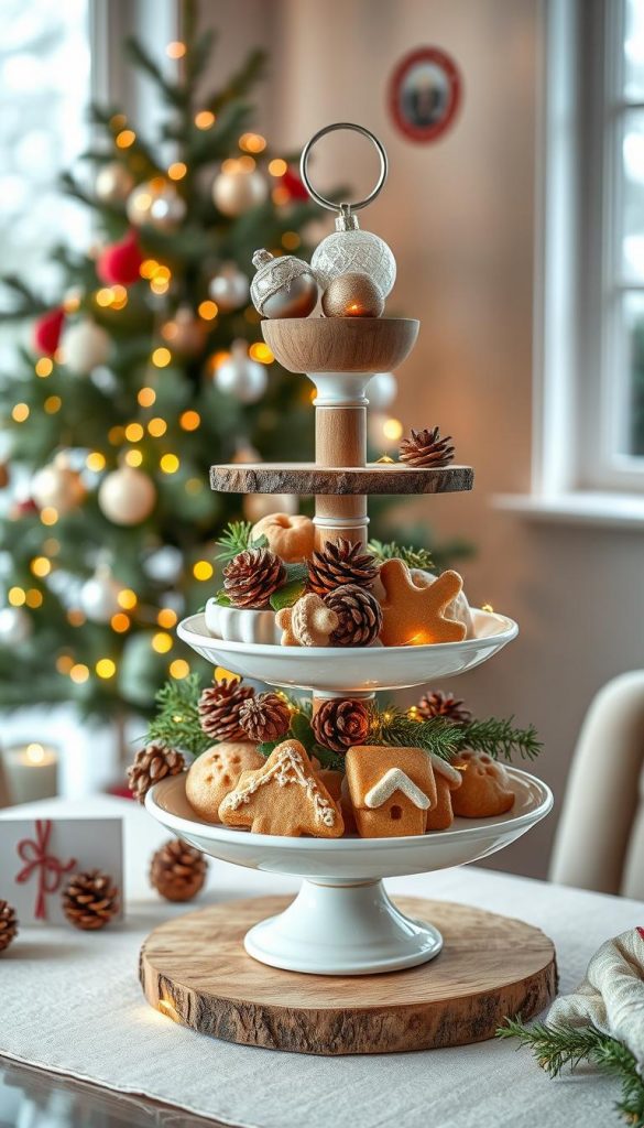 A beautifully arranged tiered serving stand (etageren) styled for Christmas, featuring rustic wood and delicate ceramic layers. The top layer showcases shimmering ornaments, the middle layer displays an assortment of festive cookies and gingerbread houses, while the bottom layer holds pine cones, sprigs of holly, and twinkling fairy lights for a warm glow. Soft, natural lighting bathes the scene in a cozy, inviting atmosphere, reminiscent of a Pinterest aesthetic. The background displays a softly blurred festive setting, with a tastefully decorated Christmas tree adorned with lights and ornaments. Incorporate a touch of winter vibes with a faint glimpse of snow through a nearby window. Ideally, the image reflects the brand "KlickKiste" through a stylish and inspiring DIY appeal, showcasing a festive home décor theme.