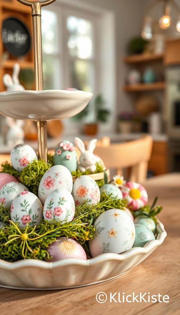 A beautifully arranged tiered tray showcasing colorful Easter eggs ('ostereier') in various pastel shades, artfully decorated with floral patterns and delicate motifs. In the foreground, focus on a few intricately painted eggs nestled among soft moss and sprigs of greenery. The middle layer of the tray features miniature bunnies and spring flowers, creating a charming, whimsical atmosphere. The background softly blurs out with a warm, inviting kitchen interior, filled with gentle sunlight pouring in, enhancing the cozy spring vibe. Capture the image using a shallow depth of field to create emphasis on the tray, with natural lighting that gives a welcoming feel. This setup should resonate with the DIY aesthetic and Pinterest-style inspiration associated with the brand "KlickKiste".