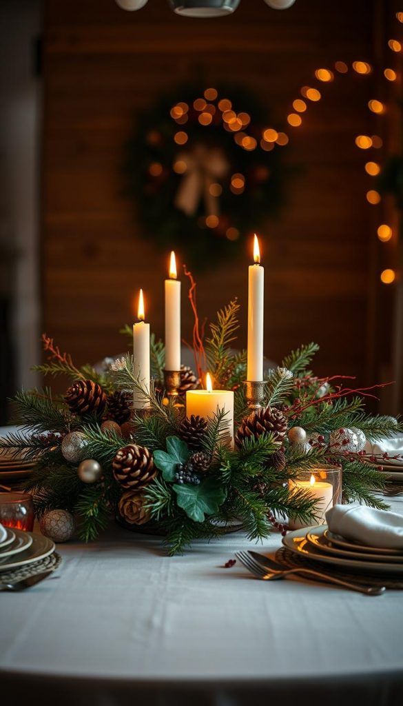 A beautifully arranged tisch centerpiece stands as the focal point of a festive winter tablescape. Natural foliage, such as sprigs of evergreen and pine cones, are artfully combined with warm, glowing candles and subtle metallic accents. The overall aesthetic is cozy and inviting, radiating a sense of winter wonder. The lighting is soft and diffused, creating a serene, atmospheric mood. The centerpiece is photographed from a slightly elevated angle, showcasing its thoughtful, Pinterest-worthy design. Warm, earthy tones predominate, complementing the rustic, handcrafted feel of the setting. This image captures the essence of a carefully curated, yet authentically styled, holiday table display.