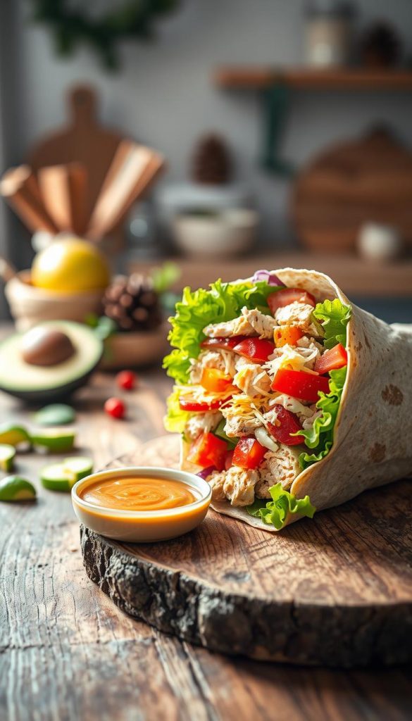A beautifully arranged tortilla wrap, filled with colorful fresh ingredients like crisp lettuce, ripe tomatoes, tender chicken, and shredded cheese, elegantly placed on a rustic wooden table. In the foreground, soft natural lighting illuminates the vibrant colors of the wrap, enhancing the appetizing appeal. The middle ground features a small dish with a zesty dipping sauce and a few scattered whole ingredients like avocado and bell pepper slices, adding texture to the scene. The background is softly blurred, hinting at a cozy kitchen setting with warm colors and subtle winter decorations like pinecones and seasonal herbs. This image should evoke a feeling of comfort and inspiration, embodying the essence of cozy lunchbox meals from "KlickKiste". A beautifully arranged tortilla wrap, filled with colorful fresh ingredients like crisp lettuce, ripe tomatoes, tender chicken, and shredded cheese, elegantly placed on a rustic wooden table. In the foreground, soft natural lighting illuminates the vibrant colors of the wrap, enhancing the appetizing appeal. The middle ground features a small dish with a zesty dipping sauce and a few scattered whole ingredients like avocado and bell pepper slices, adding texture to the scene. The background is softly blurred, hinting at a cozy kitchen setting with warm colors and subtle winter decorations like pinecones and seasonal herbs. This image should evoke a feeling of comfort and inspiration, embodying the essence of cozy lunchbox meals from "KlickKiste".