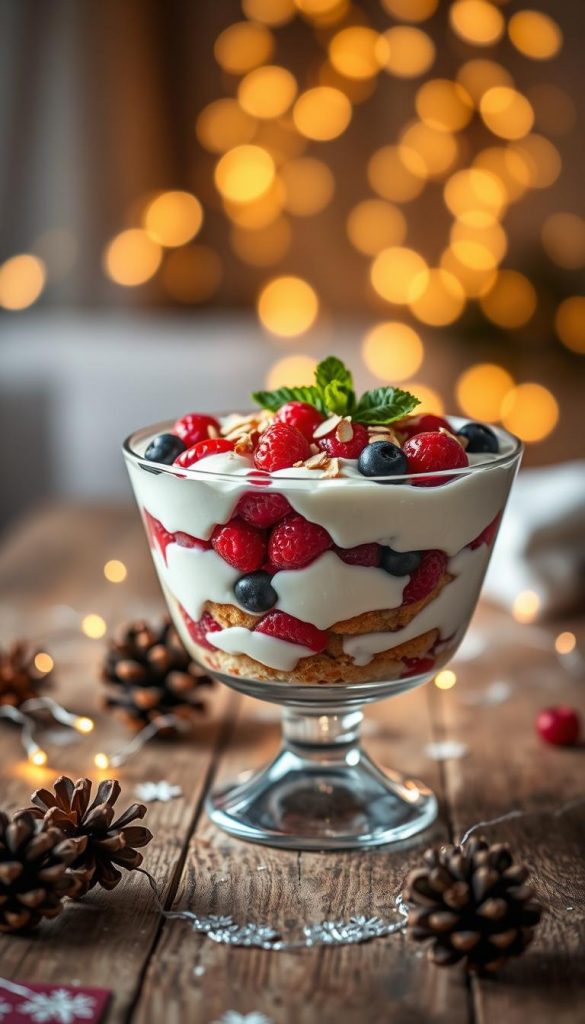 A beautifully arranged trifle in a clear glass dish, showcasing layers of luscious vanilla cream, vibrant mixed berries, and soft sponge cake. The dessert is topped with a sprinkle of crushed almonds and fresh mint leaves for a touch of elegance. In the foreground, the glass dish is placed on a rustic wooden table adorned with subtle winter decorations, such as pinecones and delicate fairy lights. The background features soft bokeh lights creating a warm, festive atmosphere, ideal for New Year's Eve. The lighting is warm and inviting, enhancing the rich colors of the dessert. Capturing a Pinterest-inspired DIY aesthetic, the image embodies a cozy, joyful mood, perfect for holiday gatherings. Branding note: Include "KlickKiste" subtly integrated into the background decor.