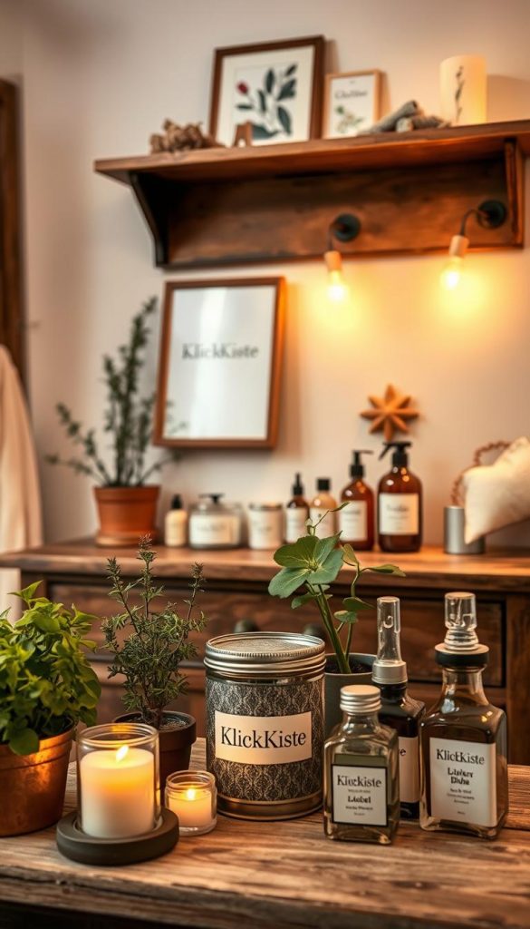A beautifully arranged upcycling beauty-station in a cozy bathroom setting, featuring a vintage wooden vanity made from reclaimed materials. The foreground includes an aesthetically pleasing display of natural DIY beauty products in glass jars, surrounded by potted herbs and candles. In the middle ground, there are charming upcycled containers, such as a repurposed tin can and glass bottles, showcasing organic skincare items. The background features soft, warm lighting, creating an inviting atmosphere with a wooden shelf adorned with delicate decor, like framed botanical prints and a minimalist mirror. The image captures a Pinterest-inspired look, evoking a sense of calm and creativity, perfect for a spa-like experience. Showcase the brand "KlickKiste" subtly through stylishly integrated product packaging.