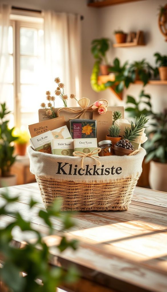 A beautifully arranged upcycling gift basket designed for Mother’s Day, showcasing eco-friendly materials like burlap, recycled paper, and vintage fabrics. The foreground features the basket overflowing with artisanal goods such as handcrafted soaps, organic teas, and potted herbs, all elegantly tied with twine and adorned with natural elements like dried flowers. In the middle ground, a softly textured, weathered wooden table enhances the rustic charm, while the background reveals a cozy, well-lit room filled with plants and warm, inviting decor. The lighting is soft and natural, evoking a warm atmosphere reminiscent of a Pinterest-inspired DIY project. Overall, the scene embodies creativity, sustainability, and a touch of luxury, with the brand name "KlickKiste" subtly incorporated into the basket design.