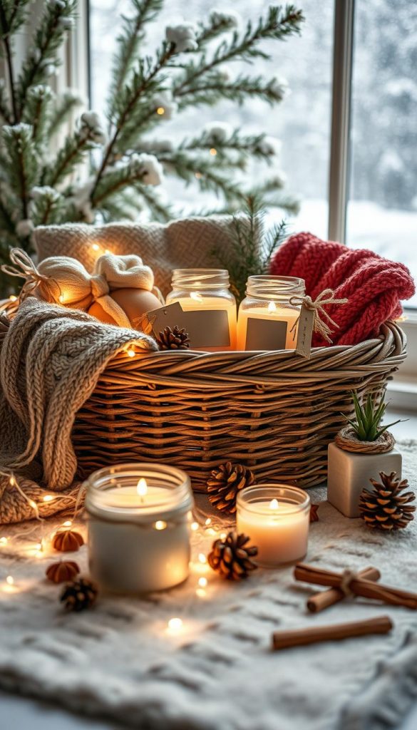 A beautifully arranged upcycling gift basket for Christmas, featuring handmade items using natural materials. In the foreground, showcase a rustic woven basket filled with creatively crafted gifts: knitted scarves, homemade candles in repurposed jars, and small potted plants in upcycled containers. The middle ground includes soft, warm fairy lights wrapped around the basket, casting a cozy glow, while dried pinecones and cinnamon sticks are scattered around for a festive touch. In the background, a softly blurred winter scene shows snow gently falling outside a window adorned with evergreen branches. The overall mood is warm and inviting, embodying the essence of a DIY aesthetic perfect for the holiday season. The image should reflect the brand "KlickKiste" and evoke inspiring, Pinterest-worthy winter vibes with natural colors.