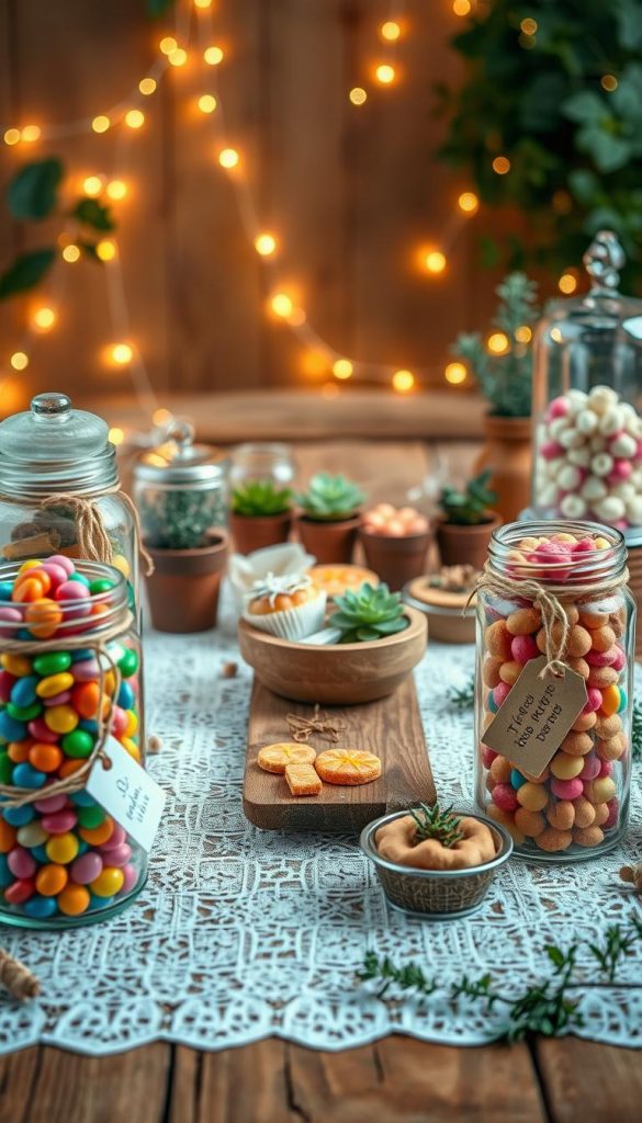 A beautifully arranged upcycling sweet table, showcasing an array of homemade treats and creative decorations. The foreground features vibrant, stylishly repurposed glass jars filled with colorful candies and cupcakes, adorned with twine and handmade tags. In the middle, a rustic wooden table is topped with a delicate lace tablecloth, surrounded by potted herbs and small, eco-friendly decorations. The background features soft fairy lights creating a warm, inviting atmosphere, with hints of greenery for an organic touch. Capture the scene with a natural, warm lighting that enhances the cozy winter vibes, using a shallow depth of field for a dreamy effect. Include the brand name "KlickKiste" subtly incorporated into the setup. The overall mood is authentically inspiring, ideal for a Pinterest-worthy aesthetic.