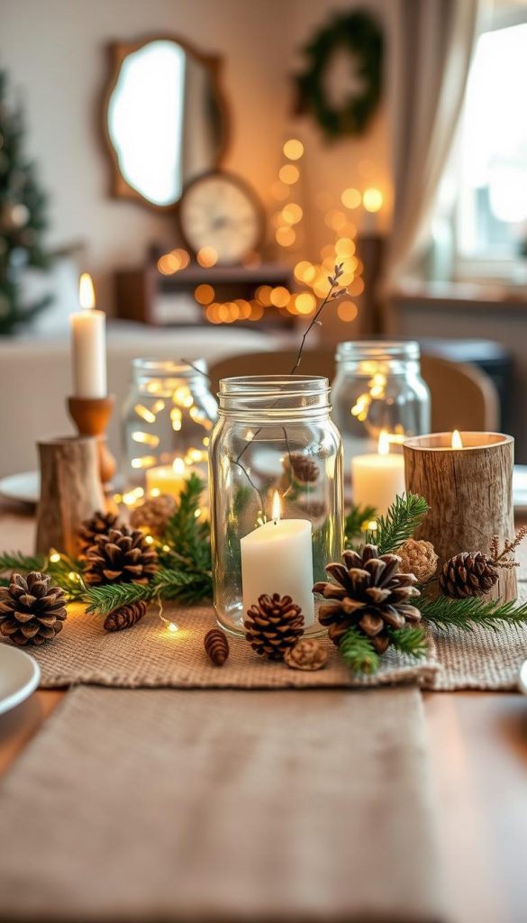 A beautifully arranged upcycling table decoration for New Year’s Eve, featuring a centerpiece made of glass jars filled with fairy lights and pinecones, surrounded by handmade, rustic candle holders crafted from wood scraps. The foreground showcases these elements in warm, inviting tones of gold and earthy colors, enhancing the winter vibe. In the middle, a simple burlap table runner sets off the decorative elements, while a few sprigs of evergreen and dried flowers add a touch of natural charm. The background features a cozy, softly lit indoor space, evoking a warm and festive atmosphere. Captured with a warm light glow, using a shallow depth of field to emphasize the decor's intricate details. This aesthetic aligns with the inspired, authentic style of &quot;KlickKiste&quot;.