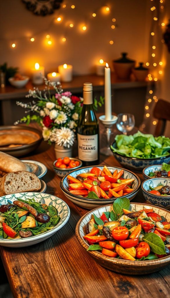 A beautifully arranged vegetarian dinner table features an inviting spread of seasonal vegetables, colorful salads, and artisanal bread, all glistening with a drizzle of olive oil. In the foreground, a rustic wooden table is adorned with vibrant plates and hand-painted ceramic bowls filled with fresh ingredients. Warm, ambient lighting casts a cozy glow, enhancing the natural colors of the food. In the middle, a bottle of organic wine sits beside a bouquet of winter flowers, adding a charming touch. The background holds softly glowing candles and twinkling fairy lights, creating a warm atmosphere perfect for a winter date night. The overall scene evokes a sense of warmth and intimacy, embodying the essence of "vegetarisch gemütlich." Inspired by natural DIY aesthetics, this image channels a Pinterest-worthy vibe. Brand: KlickKiste.