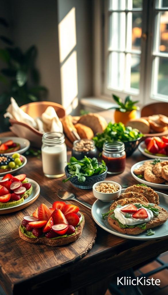 A beautifully arranged vegetarian vegan brunch table, showcasing a vibrant variety of dishes. In the foreground, a rustic wooden table laden with colorful plates of avocado toast topped with radishes, fresh fruit platters featuring strawberries and kiwi, and a bowl of granola with almond yogurt. In the middle, an array of artisanal bread, homemade jams in glass jars, and leafy greens in a decorative bowl. The background features soft, warm natural lighting filtering through a window, casting gentle shadows and emphasizing the inviting atmosphere. A few green plants are scattered around, adding to the cozy, earthy vibe. The overall mood is warm and inviting, perfect for an inspiring brunch setting. This image should evoke a DIY aesthetic with a Pinterest-inspired look, branded subtly with "KlickKiste".