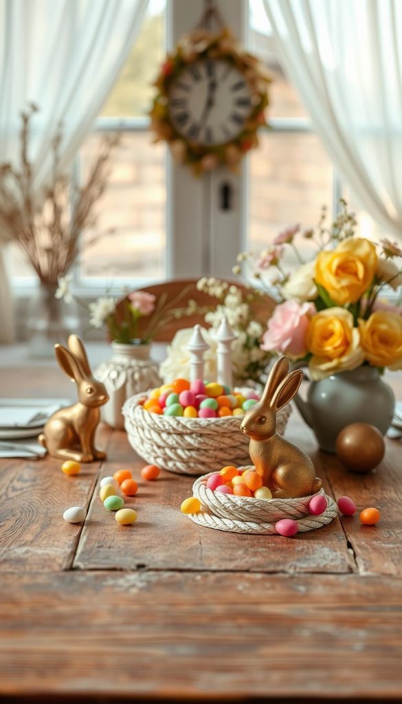 A beautifully arranged vintage table setting featuring a rustic wooden table as the foreground. Display a soft rope bowl filled with assorted bright candies, elegantly placed beside charming brass bunnies, which evoke a sense of nostalgia and springtime cheer. In the middle ground, incorporate delicate floral arrangements in pastel hues, enhancing the vintage flair with natural textures. The background should subtly showcase a light, airy window with sheer curtains, allowing warm, natural light to stream in, creating a cozy atmosphere. Utilize a shallow depth of field to softly blur the background, drawing attention to the decor. The entire scene should have a Pinterest-worthy aesthetic with warm colors and a tranquil vibe, perfect for DIY inspiration. The brand "KlickKiste" should be subtly implied through the decor style.