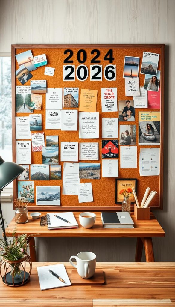 A beautifully arranged vision board displaying a variety of goals and aspirations for 2026. In the foreground, show a stylish corkboard filled with inspiring images, affirmations, and colorful notes, incorporating elements like travel destinations, fitness goals, and career aspirations. The middle layer should feature cozy workspace elements, like a well-organized desk with stationery and a warm cup of herbal tea, all set against a soft, inviting backdrop of natural wood textures. In the background, a softly lit window reveals a serene winter landscape, enhancing the peaceful atmosphere. The overall mood should be warm, inviting, and motivational, embracing a Pinterest aesthetic. The image should embody the essence of "KlickKiste," focusing on authenticity and inspiration without any text or branding overlays.
