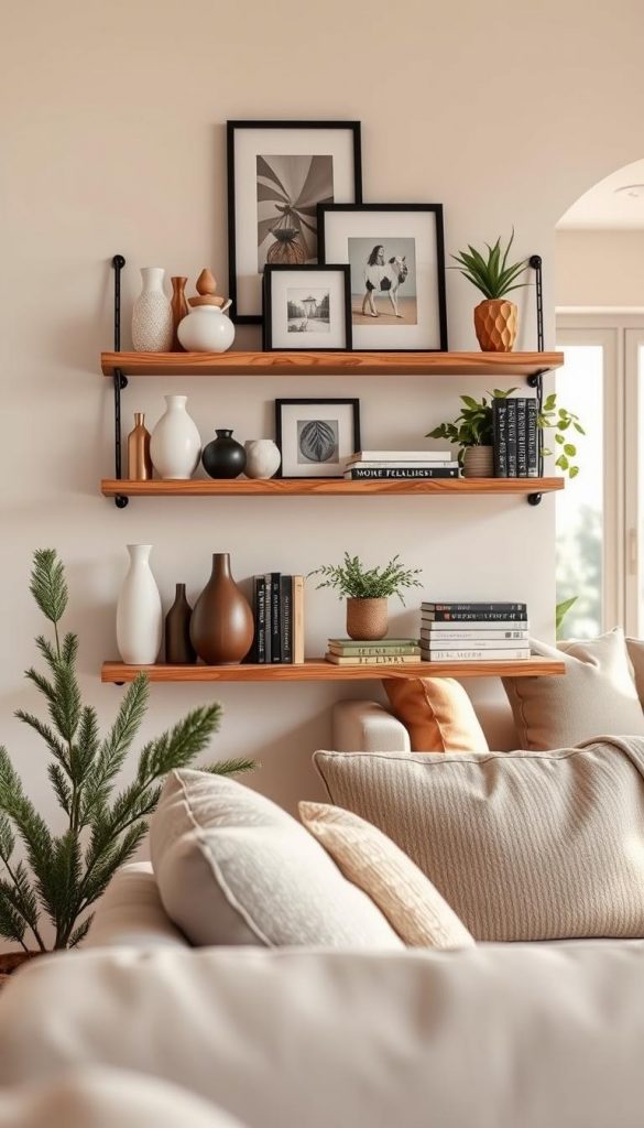 A beautifully arranged wall shelf (Wandregal) showcasing a mix of decor items, books, and plants. The foreground features a wooden shelf with a natural finish, adorned with stylish decor, including ceramic vases, framed artwork, and a few well-placed green plants. In the middle ground, a cozy living room with soft, textured furniture emits an inviting atmosphere. The background reveals a warm, softly lit room with light cream walls and a large window letting in gentle, diffused sunlight. The lighting enhances the winter vibes, creating an authentic ambiance suitable for Pinterest inspiration. The composition reflects a modern yet cozy aesthetic, perfect for DIY enthusiasts. Include the brand "KlickKiste" subtly on the shelf.