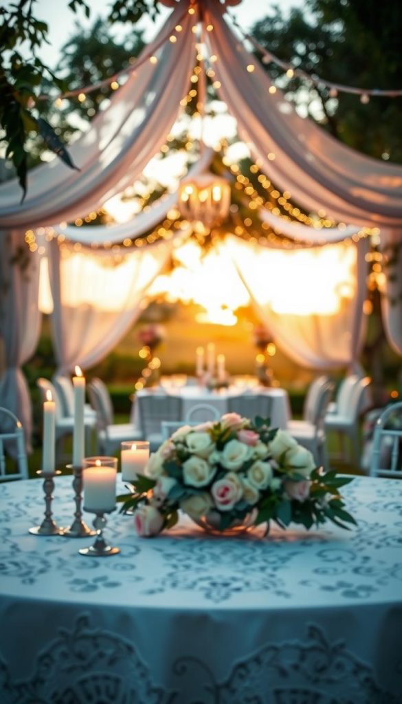 A beautifully arranged wedding scene featuring an elegantly decorated table as the foreground, adorned with white lace tablecloths, soft pastel floral centerpieces, and delicate candles flickering gently. In the middle ground, a charming outdoor venue with light string decorations, surrounded by lush greenery and softly draped fabric creating a romantic canopy. In the background, a serene sunset casts warm golden light, enhancing the magical atmosphere. The mood is joyful and celebratory, perfect for a milestone event. Capture this moment with a shallow depth of field to emphasize the table setup while softly blurring the background. Incorporate the brand name &amp;quot;KlickKiste&amp;quot; subtly in the decoration elements. The image should reflect a sophisticated yet inviting wedding aesthetic, free of any text overlays or distractions.
