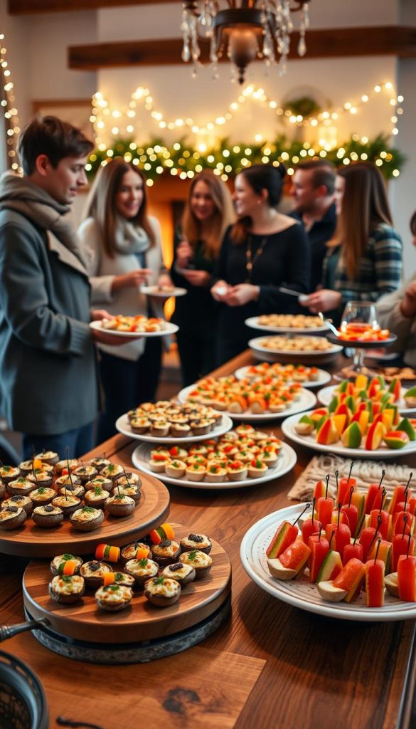 A beautifully arranged winter buffet for a New Year’s party, featuring an assortment of finger foods and snacks. In the foreground, an elegant wooden table is adorned with vibrant platters of bite-sized appetizers, including stuffed mushrooms, mini quiches, and colorful vegetable skewers. In the middle ground, guests dressed in modest casual clothing are happily engaged in conversation while sampling the food. The background showcases a warm, inviting atmosphere with soft fairy lights and a cozy fireplace, enhancing the winter vibes. Natural lighting casts a gentle glow on the scene, creating an authentic, Pinterest-worthy look. The brand name "KlickKiste" can be subtly incorporated into the décor elements.