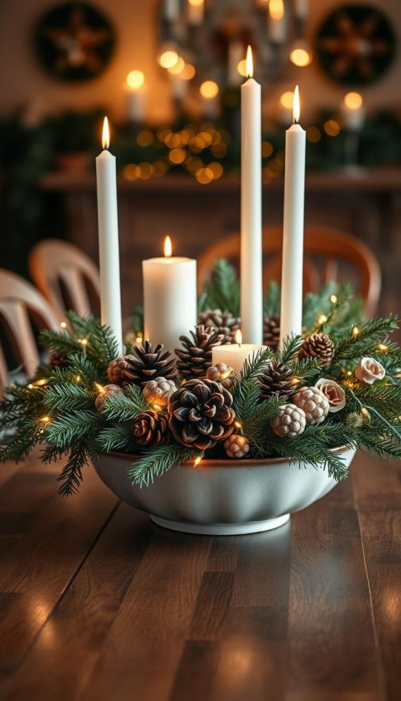 A beautifully arranged winter centerpiece for a New Year's Eve table decor featuring a decorative bowl filled with an assortment of pinecones, seasonal greenery, and flickering white candles of varying heights. Softly glowing fairy lights intertwine through the greenery, casting a warm and inviting ambiance. The foreground showcases the bowl in sharp focus, while the middle ground reveals a rich wooden table adorned with subtle festive decor. The background includes blurred silhouettes of a cozy dining setting, illuminated by gentle candlelight. The scene is bathed in warm, golden tones to evoke a winter vibe. The style reflects an authentic DIY aesthetic, perfect for Pinterest inspiration. Captured with a shallow depth of field to enhance the centerpiece's allure. Brand name: KlickKiste.