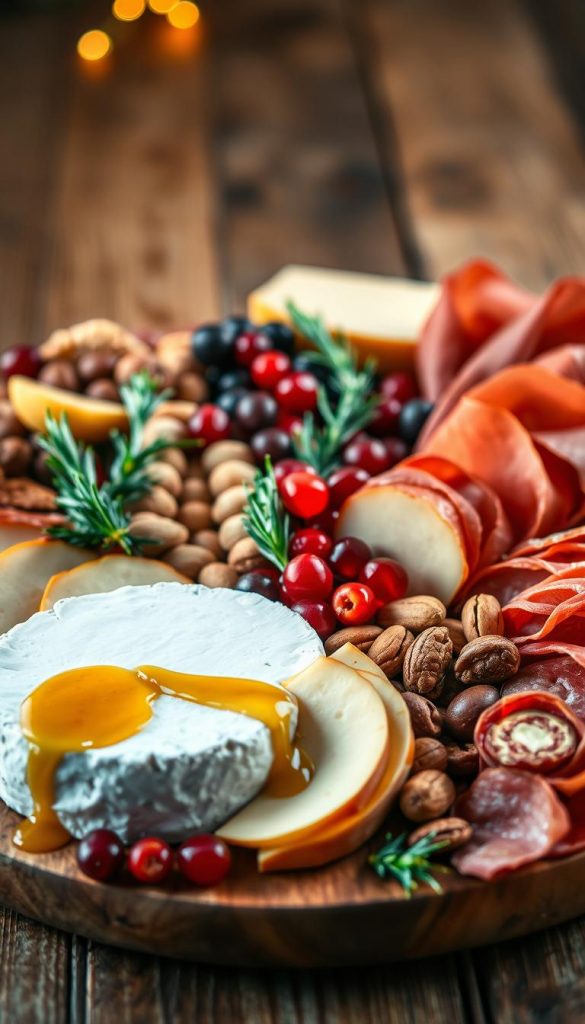 A beautifully arranged winter charcuterie board featuring an assortment of artisanal cheeses, cured meats, and seasonal fruits. The foreground showcases a medium-soft brie with a drizzle of honey, slices of aged Gouda, and delicate prosciutto artfully rolled. In the middle, vibrant pomegranate seeds, tangy cranberries, and assorted nuts add color, while sprigs of rosemary and thyme enhance the festive atmosphere. The background reveals a cozy wooden table with soft, ambient lighting that evokes warmth and comfort, reminiscent of a serene winter gathering. Use a shallow depth of field to emphasize the textures of the food, creating a natural DIY aesthetic with warm colors that reflect winter vibes. Capture a Pinterest-worthy look that embodies authenticity and inspiration, branded with "KlickKiste" subtly incorporated into the scene.
