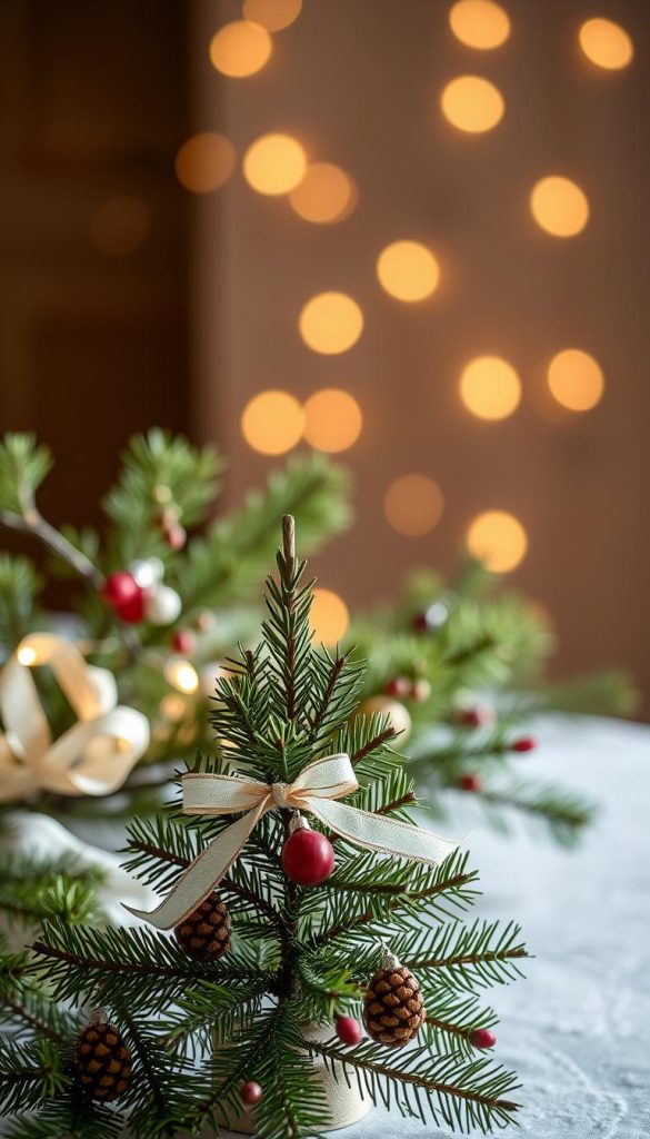 A beautifully arranged winter decoration featuring fresh pine branches (tannenzweige) artfully intertwined with small ornaments and delicate ribbons. In the foreground, an elegant mini Christmas tree, adorned with natural elements such as cones and berries, creates a focal point. The background showcases a soft blur of twinkling fairy lights, enhancing the cozy winter atmosphere. The lighting is warm and inviting, casting gentle shadows and highlights on the rich green of the pine. The scene captures the essence of natural DIY decoration, evoking a Pinterest-worthy aesthetic that feels both authentic and inspiring. The composition reflects the brand name "KlickKiste," inviting creativity and simplicity in holiday gift wrapping ideas. A beautifully arranged winter decoration featuring fresh pine branches (tannenzweige) artfully intertwined with small ornaments and delicate ribbons. In the foreground, an elegant mini Christmas tree, adorned with natural elements such as cones and berries, creates a focal point. The background showcases a soft blur of twinkling fairy lights, enhancing the cozy winter atmosphere. The lighting is warm and inviting, casting gentle shadows and highlights on the rich green of the pine. The scene captures the essence of natural DIY decoration, evoking a Pinterest-worthy aesthetic that feels both authentic and inspiring. The composition reflects the brand name "KlickKiste," inviting creativity and simplicity in holiday gift wrapping ideas.
