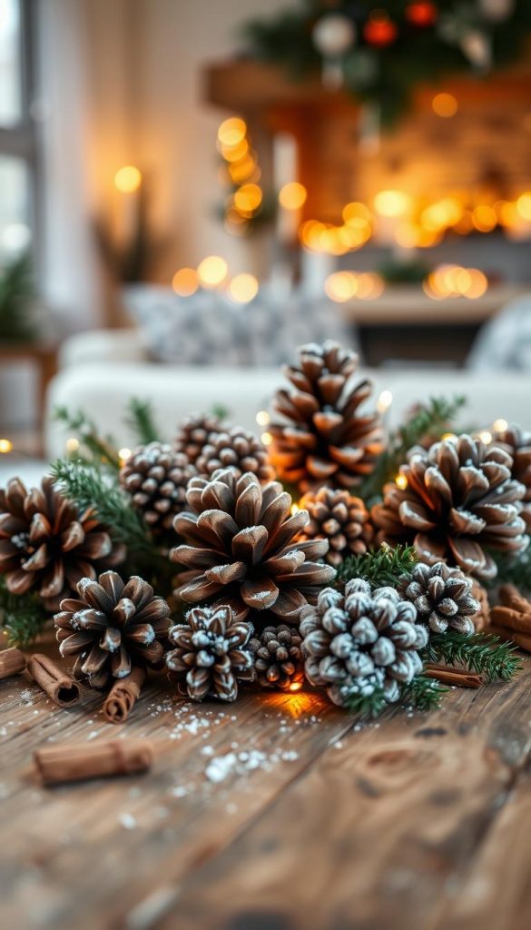 A beautifully arranged winter decoration scene featuring natural brown pinecones (&quot;tannenzapfen&quot;) as the central theme. In the foreground, various pinecones of different sizes, some dusted with a light layer of white snow, are placed on a rustic wooden table. In the middle ground, soft, warm fairy lights twinkle gently around the pinecones, adding a cozy glow. Surrounding the arrangement are subtle hints of evergreen branches and cinnamon sticks for added texture. The background softly blurs into a warm, inviting indoor space, perhaps a living room decorated for winter. The lighting is soft and natural, creating a serene atmosphere, reminiscent of a Pinterest-inspired DIY winter decor. This image embodies the essence of winter vibes and seasonal coziness, perfect for &quot;KlickKiste&quot; inspiration.
