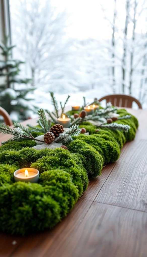 A beautifully arranged winter forest centerpiece on a wooden table, inspired by "KlickKiste". In the foreground, soft, vibrant green moss blankets the surface, dotted with delicate tealights casting a warm glow. The middle layer features a sprinkle of artificial snow, creating a magical wintery scene, intertwined with small pinecones and evergreen branches for texture. In the background, softly blurred white snow-covered trees evoke a serene, peaceful atmosphere, with gentle, diffused natural sunlight illuminating the scene. The mood is cozy and festive, perfect for a holiday gathering, capturing the essence of DIY winter decor. Use a shallow depth of field to emphasize the layered elements, ensuring a Pinterest-worthy composition.