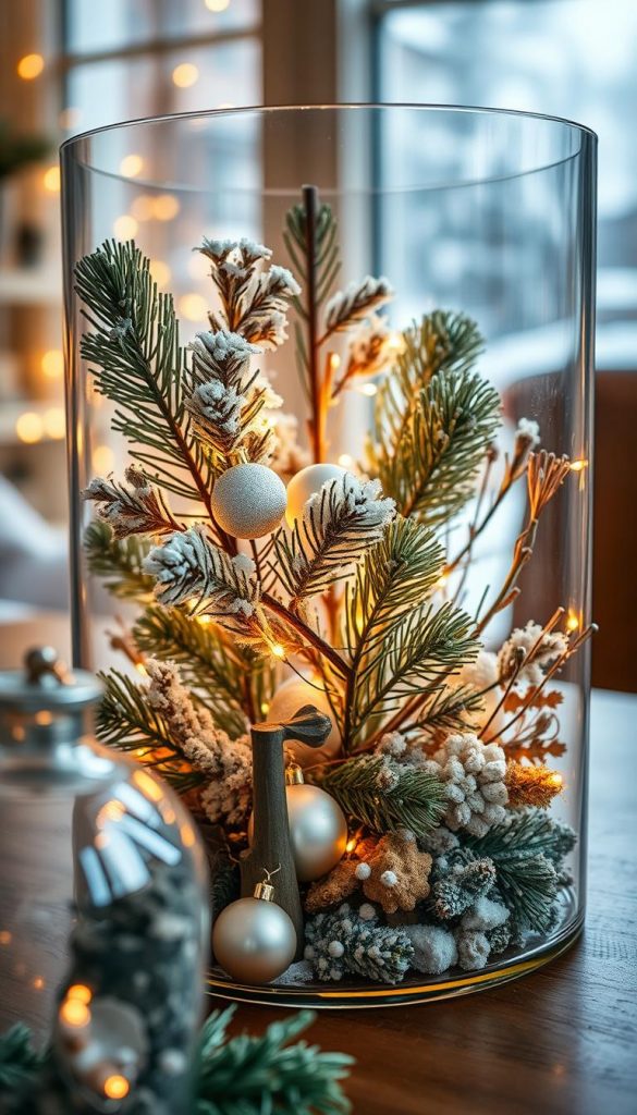 A beautifully arranged winter forest scene inside a glass cylinder, showcasing frosted pine branches, delicate silver and white ornaments, and softly glowing fairy lights entwined among the greenery. The foreground features the glass cylinder with intricate details, capturing the warmth of the winter decor. In the middle ground, reflect soft, natural textures like wooden elements and dried flowers, contributing to a cozy yet elegant atmosphere. The background shows a softly blurred, snowy landscape through a window, enhancing the winter vibes. The lighting is warm and inviting, with a gentle glow illuminating the scene, evoking feelings of tranquility and inspiration. This DIY winter decoration embodies the brand "KlickKiste", appealing to a Pinterest aesthetic.