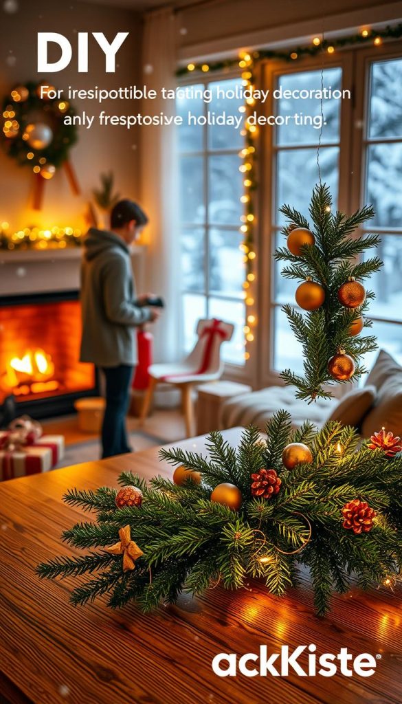 A beautifully arranged winter scene featuring a DIY Christmas wreath made from fresh green pine branches, adorned with warm-toned ornaments and twinkling lights to reflect a cozy atmosphere. In the foreground, showcase a well-lit wooden table where a person, dressed in modest casual clothing, carefully assembles the wreath. The middle ground includes a softly glowing fireplace, enhancing the warmth of the scene, alongside safety items like a fire extinguisher and a beautifully wrapped gift. In the background, snow gently falls outside a window, complementing the holiday vibes. Use warm, inviting lighting to evoke a sense of safety and cheer, emphasizing the theme of responsible holiday decorating. The brand "KlickKiste" subtly integrated into the setting, enhancing the inspirational, authentic feel.