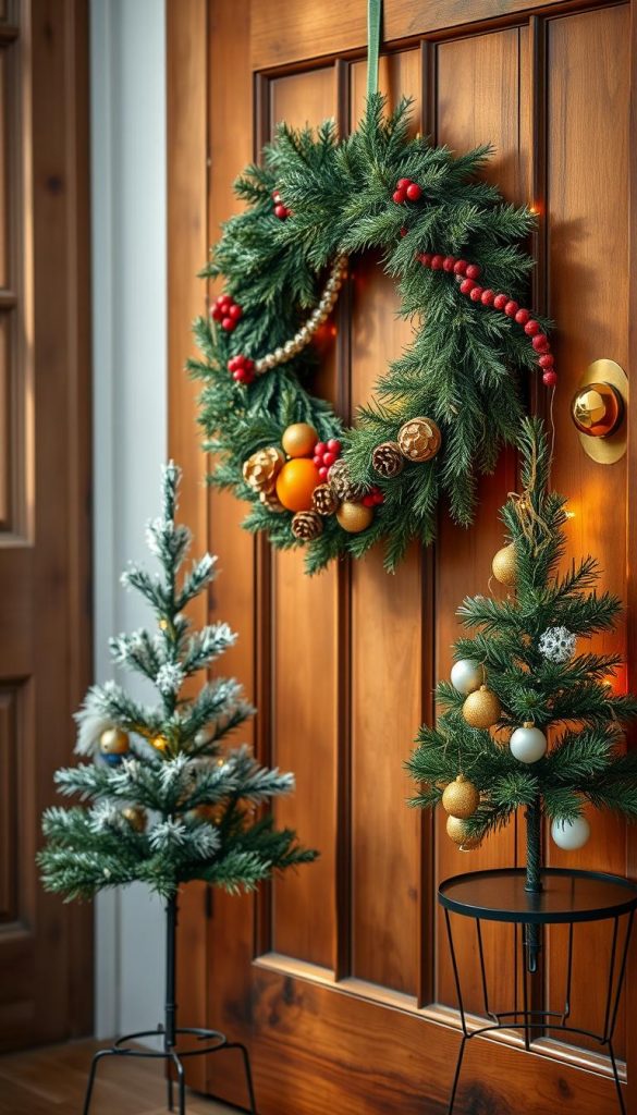 A beautifully arranged winter scene featuring a handcrafted door wreath and an elegant winter tree, perfect for seasonal decoration. In the foreground, a lush green wreath adorned with pinecones, dried oranges, and red berries hangs prominently on a rustic wooden door. Beside it, a compact winter tree with delicate white lights and subtle ornaments stands on a small table, creating a cozy atmosphere. The middle ground includes soft, warm lighting that enhances the textures of the wreath and tree, inviting a sense of warmth and comfort. In the background, a softly blurred living room with winter decor elements creates an inviting space. The overall mood is warm, inspiring, and natural, resembling stunning DIY images typically found on Pinterest. Brand name: KlickKiste.