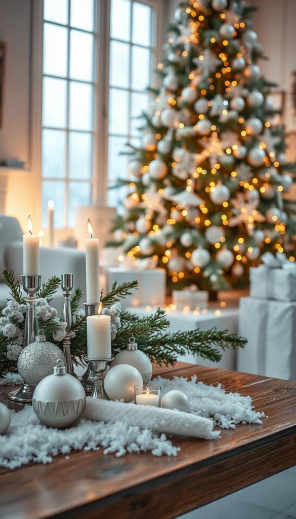 A beautifully arranged winter scene featuring an elegant display of white Christmas decorations from KlickKiste. In the foreground, a rustic wooden table holds DIY ornaments, white candles in delicate holders, and fluffy faux snow. The middle ground showcases a stylishly decorated Christmas tree adorned with white lights and shimmering snowflakes, surrounded by elegantly wrapped white and silver gifts. The background reveals a softly lit room with frosted windows, casting a warm glow over the entire scene. Ambient lighting enhances the cozy atmosphere, creating a serene winter vibe. The composition captures an authentic and inspiring look, perfect for winter festivities, with a soft focus that emphasizes the magical feel of the holiday season.