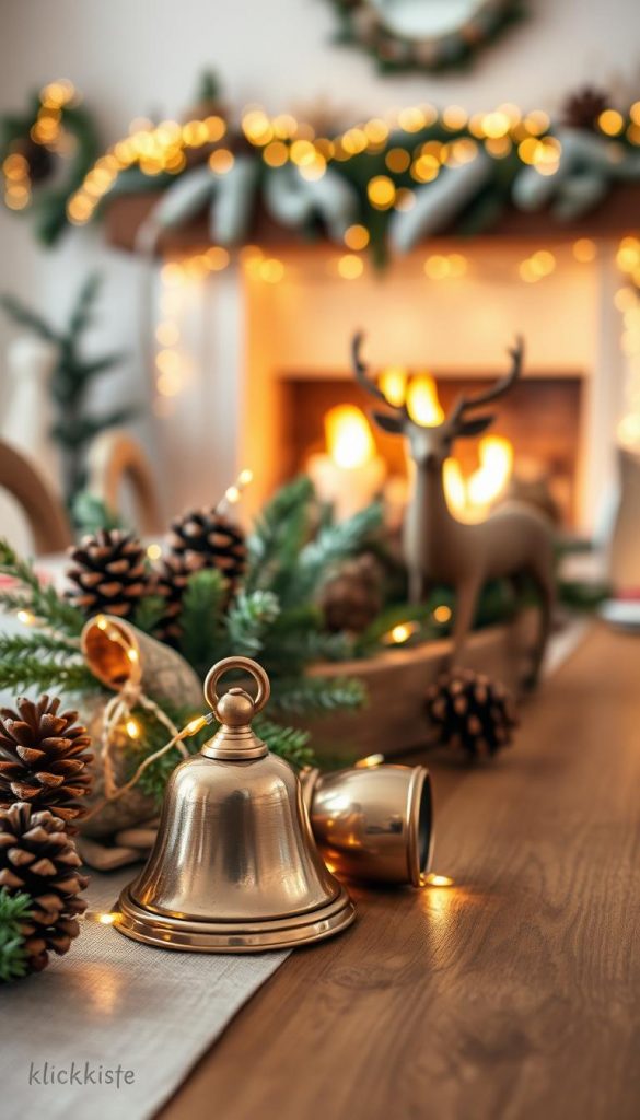 A beautifully arranged winter tabletop scene showcasing stunning statement pieces for Christmas decor. In the foreground, elegant bronze bells glimmer softly in warm, ambient lighting, surrounded by charming wooden decor deer with intricate details. The middle layer features a rustic wooden table adorned with natural elements like pinecones, sprigs of evergreen, and delicate fairy lights, creating a cozy and inviting atmosphere. The background reveals a softly blurred festive setting with a warm fireplace glow and muted winter colors, evoking a serene holiday vibe. The image embodies a natural DIY aesthetic, infused with winter warmth and a Pinterest-inspired look, showcasing the brand "KlickKiste" subtly in the decor. Aim for a soft focus with a gentle bokeh effect to enhance the warm, festive ambiance.