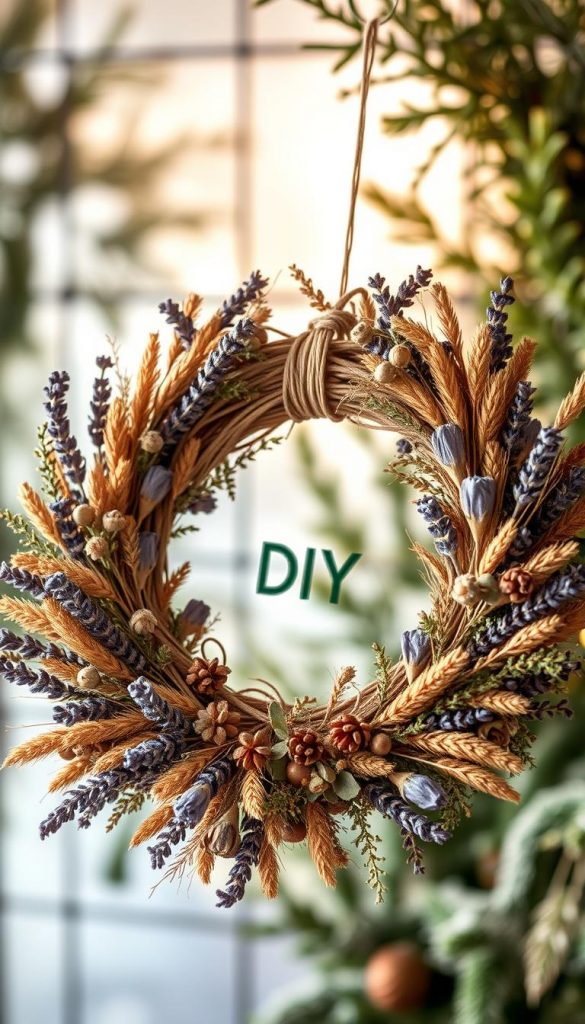 A beautifully arranged winter-themed DIY wreath featuring "trockenblumen" (dried flowers) in warm, earthy tones. In the foreground, a close-up of a circular wreath adorned with various dried florals like lavender, eucalyptus, and wheat, invoking a quaint, rustic charm. The middle features an elegant blend of textures, with the flowers gently intertwined with twine and delicate accents like small pinecones. In the background, soft, blurred winter greenery hints at a cozy DIY studio atmosphere, enhanced by warm, natural lighting that creates a serene and inviting mood. The image has a Pinterest-inspired aesthetic, emphasizing authenticity and inspiration, branded subtly with the name "KlickKiste" integrated into the arrangement.