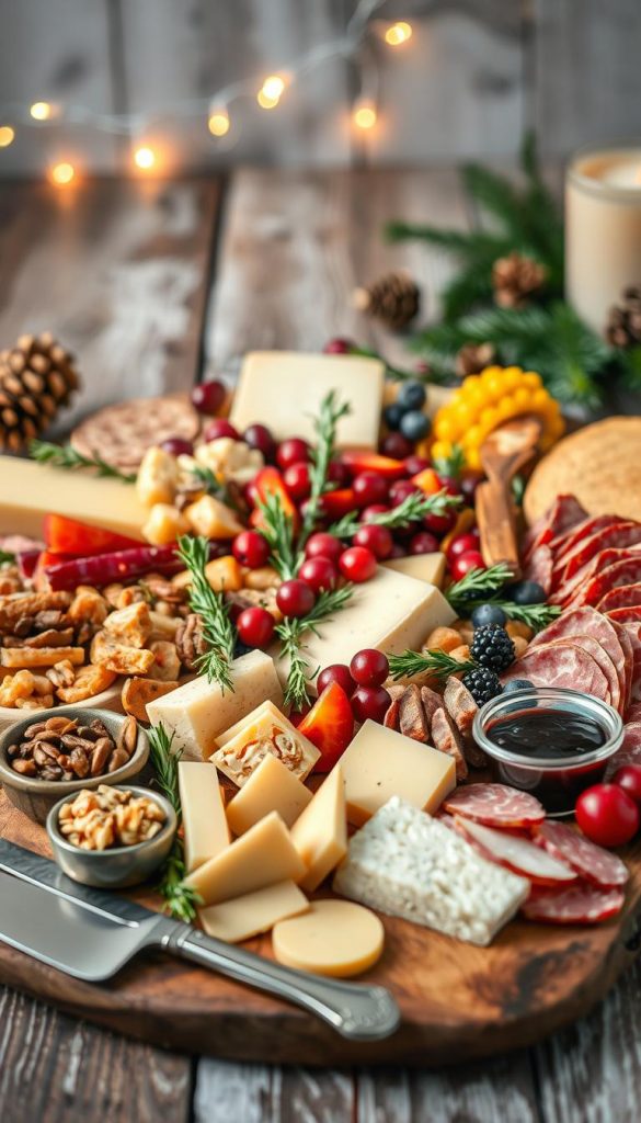 A beautifully arranged winter-themed charcuterie board, brimming with a variety of artisanal cheeses, cured meats, and vibrant seasonal fruits, all set against a rustic wooden table. In the foreground, elegant cheese knives and small bowls filled with nuts and preserves add texture and charm. The middle layer features fresh sprigs of rosemary and cranberries, infusing a festive touch. Soft, twinkling fairy lights gently illuminate the scene, casting a warm glow that enhances the inviting atmosphere. In the background, subtle hints of evergreen branches and pinecones echo the winter vibe. Capture this scene with a soft focus lens, emphasizing the rich colors and inviting feel of the festive spread, inspired by the brand "KlickKiste", creating an authentic, Pinterest-worthy ambiance.