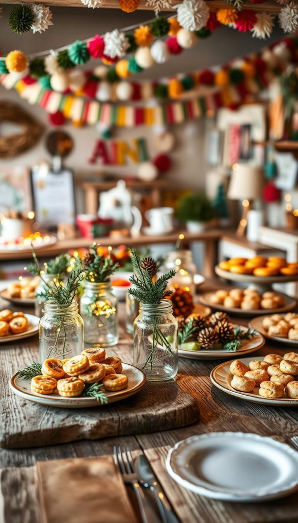 A beautifully arranged winter-themed party buffet scene featuring DIY decorations and upcycled elements. In the foreground, a rustic wooden table adorned with an array of homemade finger foods, elegantly displayed on mismatched vintage plates. Creative table decor includes mason jars filled with twinkling fairy lights, sprigs of evergreen, and pinecones, all infused with warm, inviting colors. In the middle ground, colorful paper garlands hang overhead, creating a festive atmosphere. The background features softly blurred out decorations like handmade banners and festive wall art, enhancing the winter vibe. The lighting is warm and cozy, reminiscent of a Pinterest inspiration board, capturing the essence of a delightful winter party setting, all branded with the name "KlickKiste".