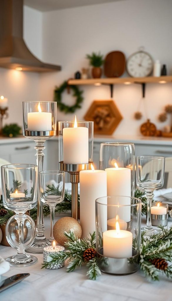 A beautifully arranged winter-themed table setting showcasing elegant combinations of glass, candles, and metal. In the foreground, a collection of stylish glass candle holders in varying heights, surrounded by shimmering metallic accents. The middle layer features delicate white candles gently flickering, casting a warm glow across the scene. In the background, a softly lit kitchen adorned with minimalist decor, emphasizing natural materials and warm colors. The atmosphere exudes a cozy, inviting vibe, perfect for the holiday season. Emphasize the DIY approach, showcasing elements that inspire creativity and authenticity. The overall feel should resonate with winter charm, reminiscent of Pinterest aesthetics. Brand elements of "KlickKiste" should be subtly integrated into the decor.