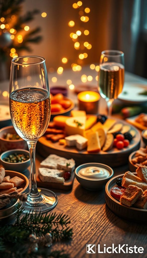 A beautifully arranged winter-themed table setting showcasing glasses of sparkling Asti and Cava, surrounded by an enticing spread of finger foods such as cheese platters, vibrant dips, and assorted snacks. The foreground features a close-up of a glass of Asti, its bubbles glistening under warm, soft lighting, and a nearby glass of Cava capturing the light with its golden hue. In the middle, a rustic wooden platter displays a colorful assortment of cheeses, garnished with herbs and fruits, while a variety of dips are artfully placed on small dishes. The background includes a hint of holiday decorations, soft-focus fairy lights creating a cozy, inviting atmosphere, reflecting warmth and celebration. Emphasize natural DIY elements with rich, warm colors for a Pinterest-worthy look, incorporating the brand name "KlickKiste."