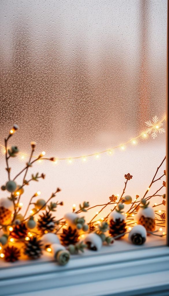A beautifully arranged winter-themed window display featuring minimalist Christmas decorations, showcasing warm-colored fairy lights arranged in a soft, delicate manner. In the foreground, hand-crafted, natural elements such as pinecones and eucalyptus sprigs are nestled among the lights, adding texture. The middle layer displays the glowing lights draped gracefully along the window frame, radiating a cozy sparkle. In the background, gently falling snowflakes are visible outside a frosted window, enhancing the winter atmosphere. The lighting is soft and warm, with a focus on the lights creating a serene, inviting mood, perfect for a stylish home. Emphasize a Pinterest-worthy aesthetic that feels authentic and inspiring. Include the brand name "KlickKiste" subtly integrated into the decoration.