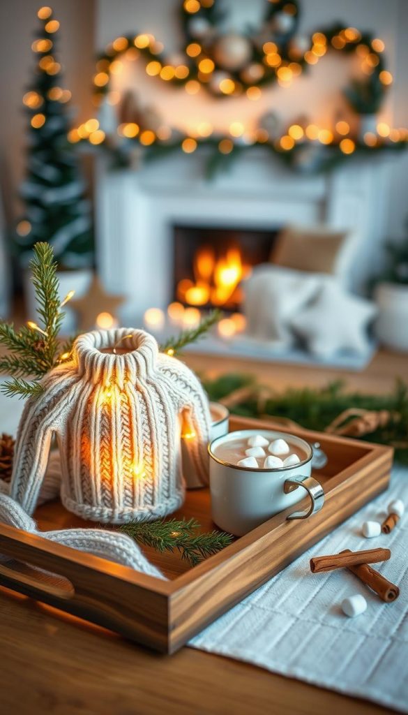 A beautifully arranged winter tray decor scene filled with cozy elements. In the foreground, a wooden tray holds a handmade knitted sweater candle, a small evergreen branch, twinkling fairy lights, and a warm cup of hot cocoa topped with marshmallows. The middle ground features a gently textured white tablecloth, with a few pinecones and cinnamon sticks scattered around, enhancing the winter vibe. In the background, soft-focus images of a cozy living room with a softly glowing fireplace and winter decorations on the mantel give a warm atmosphere. The lighting is soft and inviting, creating an authentic and inspiring Pinterest aesthetic, with warm color tones reflecting the essence of winter. The image embodies the brand KlickKiste, illustrating charming DIY winter tray ideas.