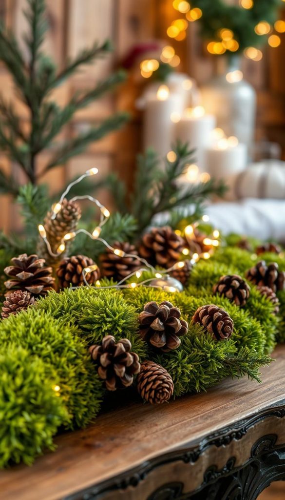 A beautifully arranged winterwald tablett featuring natural materials like lush green moss, pine cones, and sprigs of evergreen, set against a wooden background. In the foreground, delicate details of the textures show the variety of moss and the earthiness of the pine cones. The middle layer presents the tablett itself, elegantly decorated with small white fairy lights woven among the natural elements, creating a warm, inviting glow. The background is softly blurred, suggesting a cozy, rustic interior, with hints of wooden elements and twinkling holiday decor. The overall atmosphere is serene and festive, embodying winter vibes, with rich, warm colors. Capturing a Pinterest-worthy aesthetic, the image showcases a creative winter home decor idea from KlickKiste, filled with authenticity and inspiration.