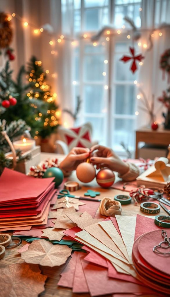 A beautifully arranged workspace for DIY paper crafts, showcasing various artisanal paper materials in warm, inviting colors. In the foreground, an array of textured papers in festive shades of red, green, and gold, surrounded by scissors, tapes, and decorative elements. The middle ground features hands carefully crafting paper ornaments, capturing the joy of DIY with focused diligence. In the background, a cozy, softly lit room decorated with twinkling fairy lights and natural winter elements, creating a warm, festive atmosphere. The lighting is soft and diffused, enhancing the inviting mood reminiscent of a Pinterest-inspired crafting space. The image embodies a winter vibe, reflecting the spirit of creative holiday decorations branded by "KlickKiste".