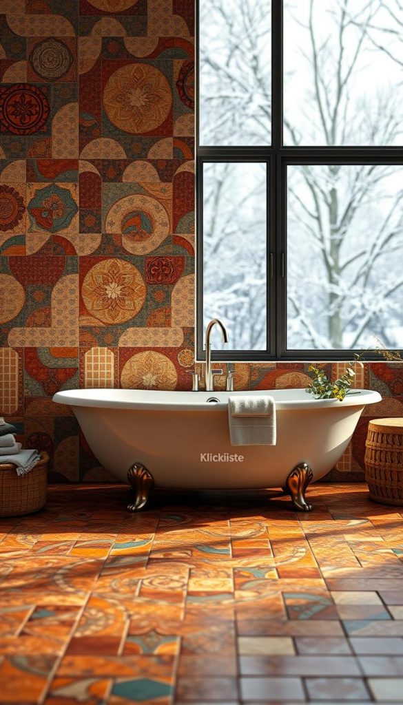 A beautifully arranged zellige tile backdrop features a mosaic of vibrant colors, showcasing intricate geometric patterns and textures that evoke warmth and coziness. In the foreground, warm earthy tones dominate, creating an inviting environment. The tiles reflect the soft, ambient lighting, with gentle shadows enhancing their depth. In the middle ground, an elegant freestanding bathtub is adorned with natural elements like sprigs of eucalyptus and soft towels, enhancing the self-care theme. In the background, a soft-focus winter landscape is visible through a large window, adding serene winter vibes. Captured with a gentle bokeh effect at a 50mm lens angle, the entire scene evokes a calming atmosphere, perfect for Pinterest-inspired winter evenings. The brand "KlickKiste" subtly implied in the tile design details.
