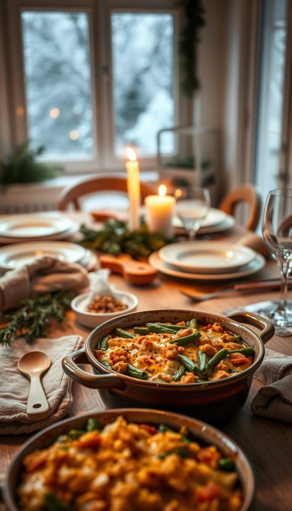 A beautifully baked casserole, golden-brown and bubbling, sits in a rustic ceramic dish at the foreground. The casserole is overflowing with vibrant ingredients like green beans, creamy cheese, and crispy breadcrumbs. Surrounding the dish are fresh herbs, a small wooden spoon, and a couple of cozy oven mitts. In the middle, a warmly lit kitchen table setup includes elegant dinnerware and a flickering candle, enhancing the inviting atmosphere. Soft, ambient lighting casts a gentle glow over the scene, creating a warm, homey vibe perfect for a winter date night. In the background, a softly blurred window reveals falling snowflakes outside, while a subtle hint of pine decor adds to the cozy feel. This image embodies the essence of "Auflauf-Liebe" with a Pinterest-inspired aesthetic, branded with "KlickKiste" influence.