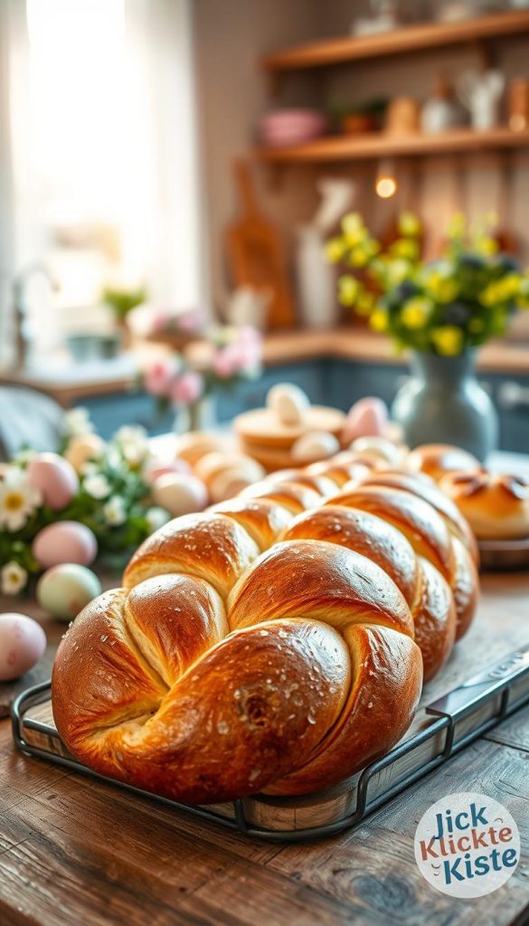 A beautifully braided hefezopf, elegantly placed on a rustic wooden table, surrounded by elements of a charming Oster Frühstücksbuffet. The foreground features the golden-brown loaf of hefezopf, glistening with a light glaze, showcasing its intricate twists and soft texture. In the middle ground, accompanying the hefezopf are pastel-colored Easter eggs, fresh spring flowers, and delicate pastries, radiating a warm, inviting atmosphere. The background displays a softly blurred kitchen setting with warm lighting, enhancing the cozy, DIY aesthetic. The overall mood is natural and inspiring, embodying Pinterest-perfect visuals with a touch of winter vibes. Emphasize the kiss of sunlight illuminating the scene, creating an inviting invitation to enjoy this festive culinary delight, branded subtly with "KlickKiste".