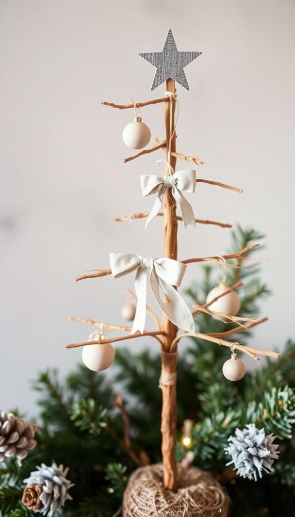 A beautifully crafted Christmas tree made from natural materials, its branches adorned with delicate paper ornaments and soft fabric bows. Gentle lighting casts a warm glow, creating a cozy and inviting atmosphere. The tree stands tall against a backdrop of winter greens, its simple yet elegant design capturing the essence of a Scandi-inspired, DIY holiday aesthetic. Soft textures and earthy tones evoke a sense of rustic charm, while the clean lines and minimalist styling exude a modern, Pinterest-worthy sensibility. This image radiates a sense of authentic, handcrafted charm, inspiring the viewer to create their own winter wonderland.