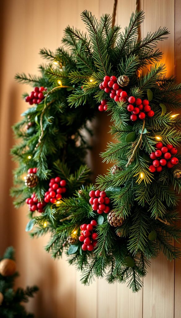A beautifully crafted Christmas wreath, its lush greenery intertwined with delicate pine cones, vibrant red berries, and hints of gold. The wreath is suspended against a warm, cozy backdrop, bathed in soft, diffused lighting that casts a gentle glow. The composition evokes a sense of rustic elegance, perfect for adorning a wall and capturing the essence of the festive season. The image exudes a natural, handcrafted aesthetic with a touch of Nordic charm, inspiring a sense of wonder and yuletide cheer.
