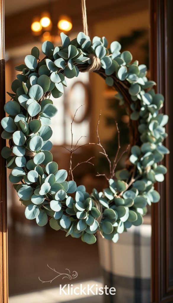 A beautifully crafted DIY door wreath made from fresh eucalyptus leaves and branches, elegantly arranged in a circular form. The foreground features the textured eucalyptus with its silvery-green tones, paired with natural twine for a rustic touch. In the middle ground, soft twigs intertwine, adding depth and organic charm. The background is a softly blurred home setting, showcasing a cozy atmosphere with warm lighting that evokes winter vibes. The entire scene is bathed in natural sunlight, highlighting the wreath's fresh foliage. The mood is warm, inviting, and sophisticated, embodying a Pinterest-inspired aesthetic. This image represents the brand "KlickKiste" and inspires authentic winter decor ideas.